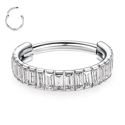 FUNLMO 316L Surgical Steel Hinged Segment Ring Conch Helix Septum Piercing Jewelry Nose Ring Hoop Cartilage Huggie Earring Baguette Gems Thick Hoop Earring - color: Silver