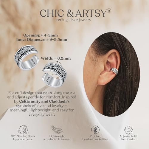 CHIC & ARTSY 925 Sterling Silver Ear Cuffs for Women, Non Piercing Clip On Cartilage Cuffs, Adjustable Fake Conch & Helix Earrings, Gold Plated & Oxidized Various Styles - color: ear cuff #16
