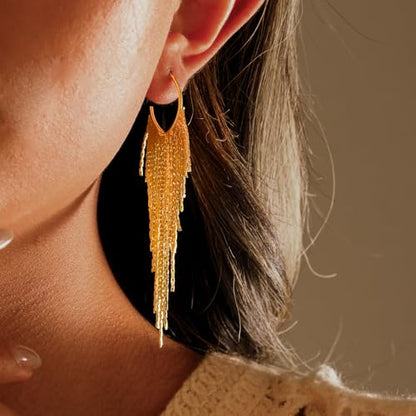 Gold Earrings for Women, 14K Gold Plated Tassel Dangle Earrings for Women Trendy Hypoallergenic Long Chain Earring Dainty Pearl Drop Earrings Elegant Wedding Earring Fashion Jewelry for Womens - color: Chain&Style 4