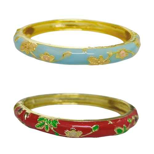Cloisonne Bracelet For Women, Chunky Bangle Trendy Cute Flower Enamel Bangles Multi Tone Engraved Cuff Gold Plated Bracelets Stackable Wife Jewelry Friendship Gift - color: Blue&Red Set