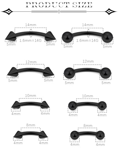 14G Snake Eyes Piercing Jewelry Tongue Curved Barbell Surgical Steel Belly Button Ring Eyebrow Piercing Jewelry Vertical Labret Lip Jewelry for Women Men Bar Length 8mm 10mm 12mm 14mm - color: 8pcs,14g,ball+spike,black
