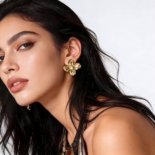 Chunky Flower Clip on Earrings for Women 14K Gold Plated No Piercing Floral Stud Earring Lightweight Jewelry Gifts - color: Flower-A-gold