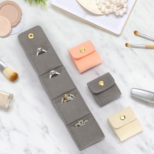 KUKUVR Mini Travel Jewelry Organizer Bag (Grey) | Foldable 4 Compartment, Gym Jewelry Holder Case, Ring Earring Necklace Storage Roll Pouch, Gift for Women - color: Grey