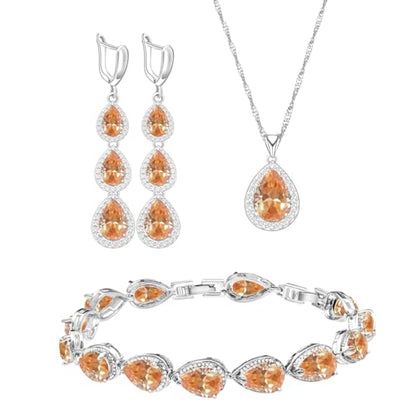 LMXXVJ Necklace Long Earrings Bracelet Set, White Gold Plated Created Blue Sapphire Jewelry Set Wedding Party Gift Jewelry for Women Bridal Bridesmaid - color: Champagne