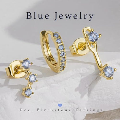 3 Pairs Dainty Small Earrings Set for Women Trendy, Birthstone Stud Huggie Hoop Jacket Stack for Cartilage Helix, Gold Plated Hypoallergenic Cute Women Fashion Accessories Western Jewelry Gifts - color: 12Blue Created Topaz-Dec (Gold)