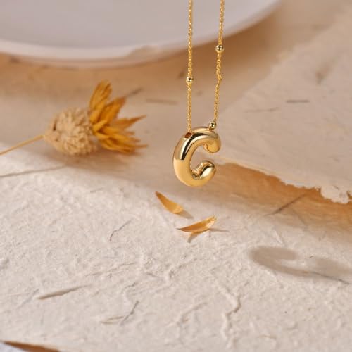 LUCA SMITH 2-Piece Initial Necklaces for Women, Dainty Balloon Bubble A-Z Letter Necklace Set, Name Letter Alphabet Pendant Layered Choker Necklaces Personalized Jewelry Gift - color: Gold bubble letter necklace, style: Initial Set-C