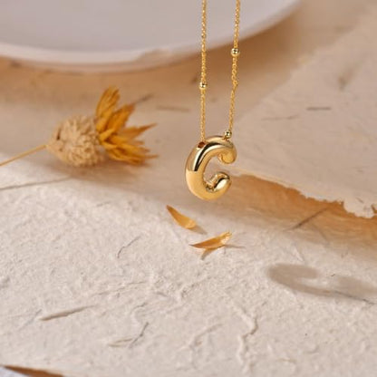 LUCA SMITH 2-Piece Initial Necklaces for Women, Dainty Balloon Bubble A-Z Letter Necklace Set, Name Letter Alphabet Pendant Layered Choker Necklaces Personalized Jewelry Gift - color: Gold bubble letter necklace, style: Initial Set-C