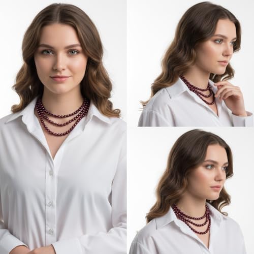 Pearl Necklaces for Women 60'' 70" Long Pearl Necklace 15.75'' Pearl Choker Necklace Chunky Bead Layered Faux Pearl Dangle Wedding Bridal 1920s Gatsby Christmas Costume Jewelry Gifts - color: Wine Red-60''