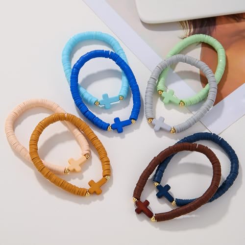 Friendship Bracelets for Women - Heishi Surfer Colorful Smile Evil Eye Clay Beaded Stretch Bracelets Elastic Layering - Stackable Boho Disc Y2K Aesthetic Summer Jewelry Set. - color: C-cross Rainbow 8pc - Cool