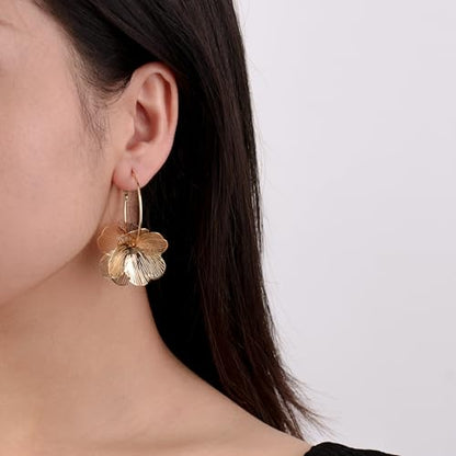 Dangle Flower Gold Earrings for Women, Trendy Statement Hoop Earrings, Gold Floral Drop Earrings Jewelry for Gifts - color: golden flower