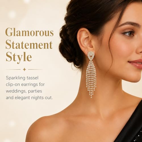 Rhinestone Clip on Earrings for Women Gold/Silver Prom Dresses 2026 Sparkly Chandelier Long Earrings Wedding Guest Jewelry - color: A:Gold Chandelier Clip on