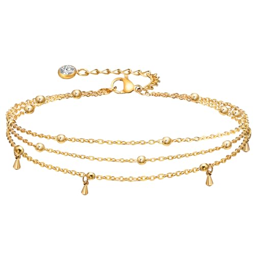 MPRAINBOW Waterproof Gold Anklets for Women - 14k Gold Plated Ankle Bracelets,Summer Beach Surf Foot Chain Multilayered Stacked Bracelet Anklet Set,Layered Trendy Jewelry for Girlfriend - color: Multilayered