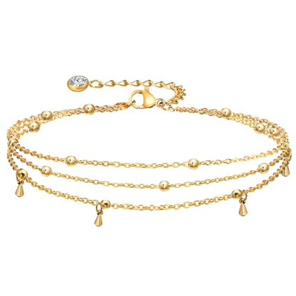 MPRAINBOW Waterproof Gold Anklets for Women - 14k Gold Plated Ankle Bracelets,Summer Beach Surf Foot Chain Multilayered Stacked Bracelet Anklet Set,Layered Trendy Jewelry for Girlfriend - color: Multilayered
