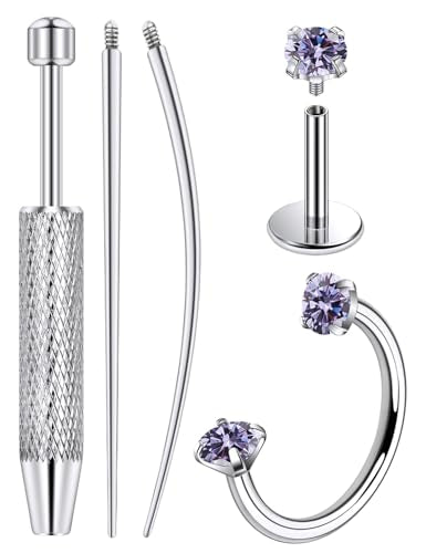 Lcolyoli 20G Titanium Horseshoe Nose Ring and Internally Threaded CZ Stud for Tragus/Nose/Helix/Conch Piercing Jewelry for Women Men Includes Taper Ball Grabber Tool for Easy Jewelry Changing - color: Purple Cubic Zirconia, size: 20g