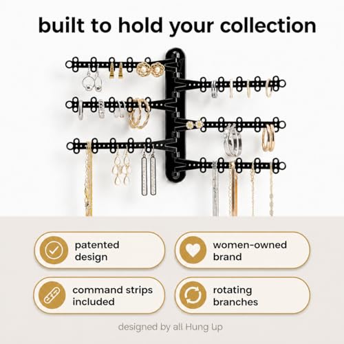 6-Tier Hanging Wall Jewelry Organizer, Earring, Necklace, Ring Holder-Black | Large Capacity with 120 Earring Holes, Rotating Branches, Includes 3M Command Strips, Bracelet, Ring & Necklace Storage - color: 6-Tier Midnight Black