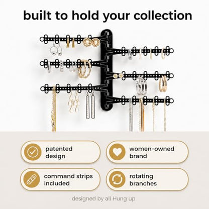 6-Tier Hanging Wall Jewelry Organizer, Earring, Necklace, Ring Holder-Black | Large Capacity with 120 Earring Holes, Rotating Branches, Includes 3M Command Strips, Bracelet, Ring & Necklace Storage - color: 6-Tier Midnight Black