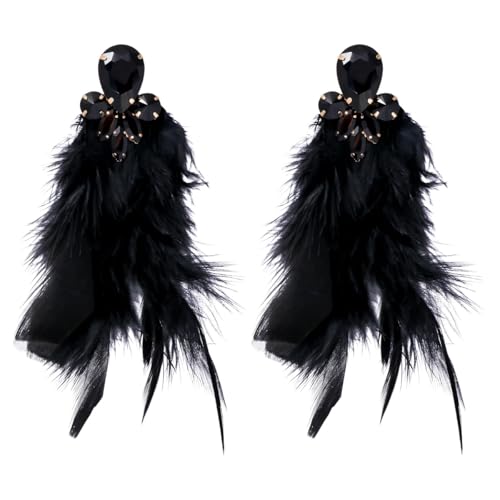 Long Feather Earrings for Women Bohemian Crystal Zirconia Dangle Feather Earrings Crystal Tassel Feather Earrings Wedding Halloween Prom Jewelry - color: Black