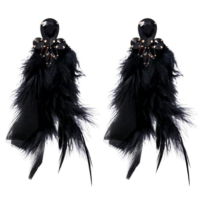 Long Feather Earrings for Women Bohemian Crystal Zirconia Dangle Feather Earrings Crystal Tassel Feather Earrings Wedding Halloween Prom Jewelry - color: Black