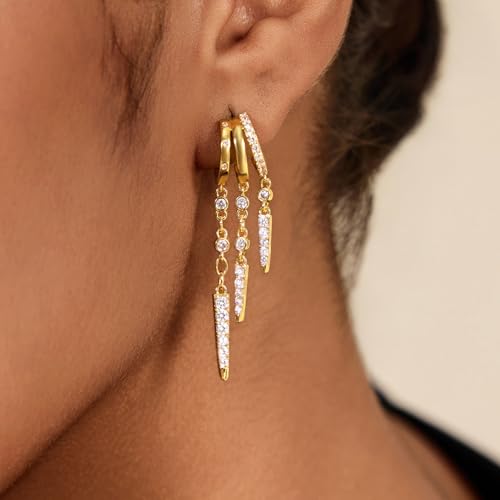 Cicy Bell Gold Earrings For Women 18k Gold Plated Triple Dangle Earrings | Hypoallergenic Drop Huggie Earrings Small Hoop Statement Chain Tassel Earrings Trendy Jewelry Gifts - color: Style E-Gold