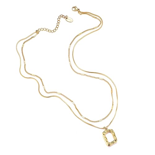 Evabelle Gold Layered Necklace for Women Trendy Jewelry 14K Real Gold Plated Chunky Chain Stackable Necklaces Dainty Choker Necklaces Rectangle Square Pendant - color: Gold Necklace 01