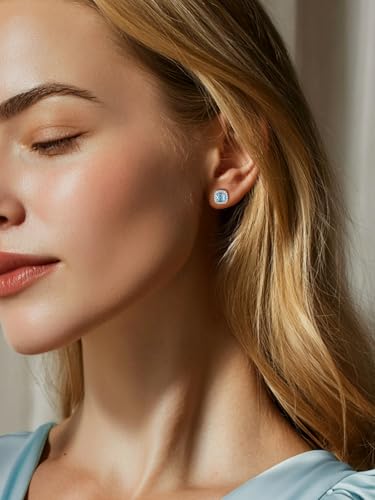 FindChic Birthstone Earrings for Women, Round/Heart/Square/Teardrop Earrings with 925 Sterling Silver Posts & Push Backs, Hypoallergenic Studs with Cubic Zirconia, 12 Months Jewelry with Gift Box - style: 03. March-Aquamarine (Square)