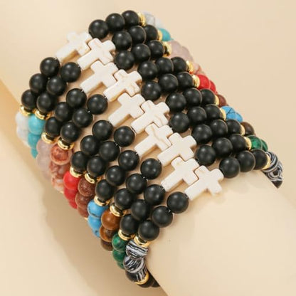Beaded Bracelets Cross Bracelet for Women Men Lava Rock Turquoise Tiger Eye Natural Bracelet Anxiety Healing - color: 9 Pcs- white cross