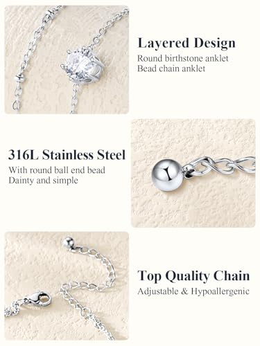 U7 Silver Ankle Bracelet for Women, Waterproof Layered Ankle Round Gem Birthstone Anklets, Summer Beach Foot Jewelry, Adjustable 8.5"-10.5" - color: 04.April-White Diamond