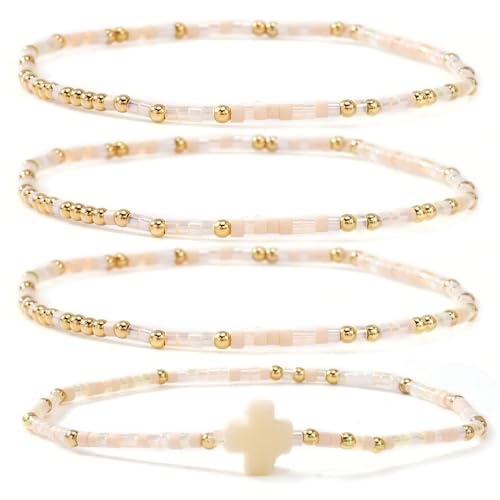 Christian Cross Christmas Stackable Seed Beaded Bracelets for Women, Boho Colorful Healing Stretch Accessories God Christ Pray Faith Amulet Jewelry, Daily Party Holiday Friendship Gift - color: Peach
