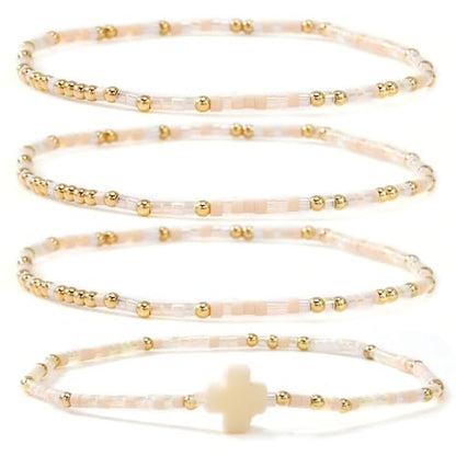 Christian Cross Christmas Stackable Seed Beaded Bracelets for Women, Boho Colorful Healing Stretch Accessories God Christ Pray Faith Amulet Jewelry, Daily Party Holiday Friendship Gift - color: Peach