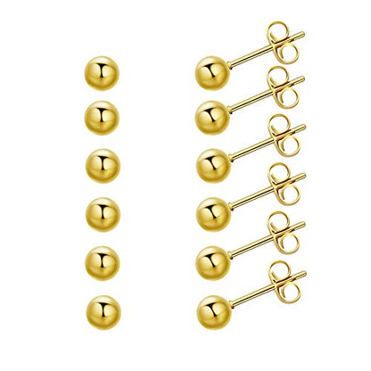 FOSIR 6 Pair Tiny Women 14K Gold Plated Ball Stud Earrings Surgical Stainless Steel Earrings Set, 2-6MM - style: 6 pair diameter,5mm