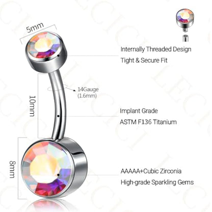 Titanium Floating Belly Button Rings 14G, ASTM F136 Implant-Grade Curved Barbell, Internal Thread with 6mm Teardrop Gems, Sparkle Navel Piercing Jewelry, 10mm/12mm Length - color: Silver-AB, size: 3/8"(10mm)