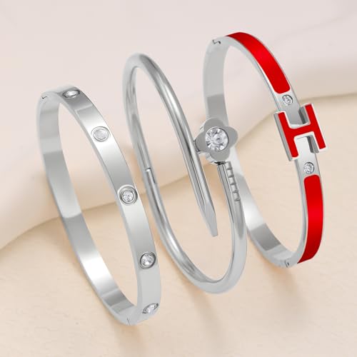 3Pcs Gold Bracelets for Women 14K Gold Plated Love/H/Nail Bangle Bracelet Dainty Non Tarnish Bracelet Jewelry Christmas Mothers Day Gifts for Women - color: 3Pcs Silver/Red H bracelet
