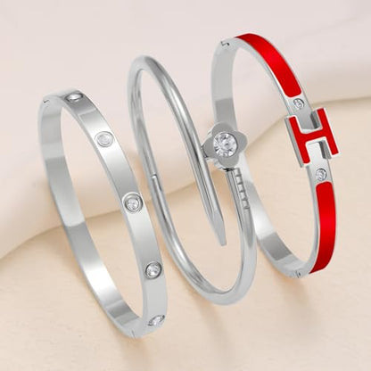 3Pcs Gold Bracelets for Women 14K Gold Plated Love/H/Nail Bangle Bracelet Dainty Non Tarnish Bracelet Jewelry Christmas Mothers Day Gifts for Women - color: 3Pcs Silver/Red H bracelet