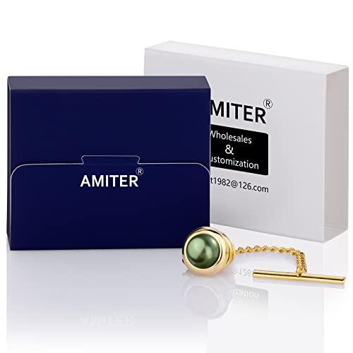 AMITER Crystal/Pearl Tie Tack with Chain, Gold Mens Tie Pin Necktie Pins Lapel Pin for Wedding Birthday Anniversary Party - color: 24k Gold+Green Imitation Pearl