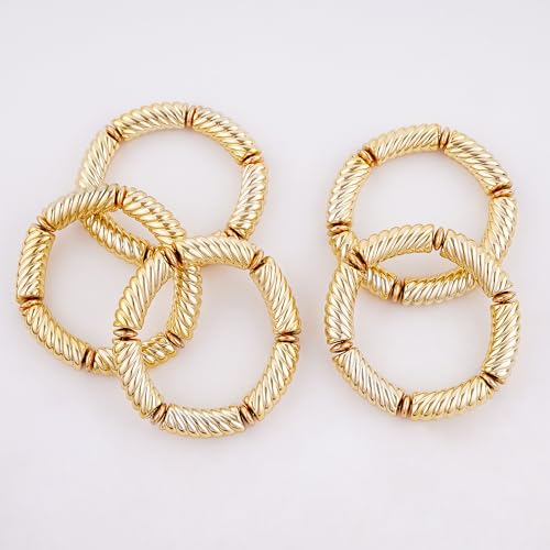 LALAPPLE Gold Plated Beaded Acrylic Bamboo Tube Bangle Bracelets for Women, Colorful Chunky Curved Tube With Gold Plated Pieces Beads Stretch Bracelet Friendship Summer Beach Jewelry - color: B-gold 5pcs(Chunky set)