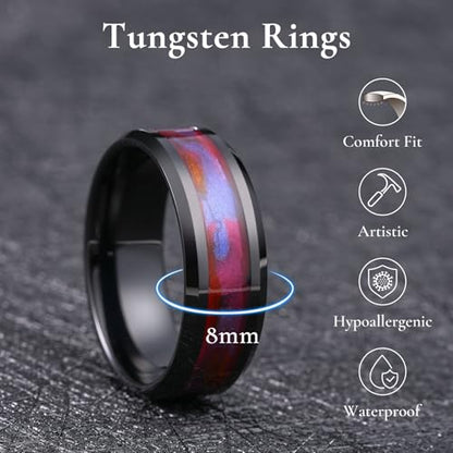 King Will Mens Galaxy Tungsten Wedding Band | 6mm/8mm, Beveled Edge, Comfort Fit, Durable, Sandstone Opal Inlay Polished, Everyday Wear - color: Black&Red&Blue
