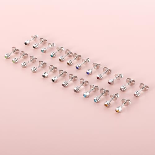 12 Pairs Ear Piercing Stud Earrings for Ear Piercing Guns, Surgical Stainless Steel Multicolor Round Heart Star Cubic Zirconia Birthstone Stud Earrings Set - style: Silver heart 4mm