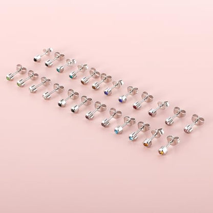 12 Pairs Ear Piercing Stud Earrings for Ear Piercing Guns, Surgical Stainless Steel Multicolor Round Heart Star Cubic Zirconia Birthstone Stud Earrings Set - style: Silver heart 4mm