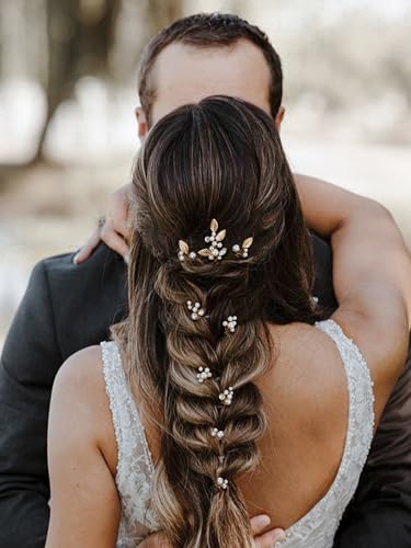 SWEETV 9Pcs Bride Hair Accessories Pearl Wedding Hair Pin Bridal Piece Clip | Leaf Bridal Hair Piece Vintage Hair Headpiece Leaf Hair Clips Jewelry for Women Bridesmaids Brides Flower Girls Hair Pieces - color: Set-C-Gold