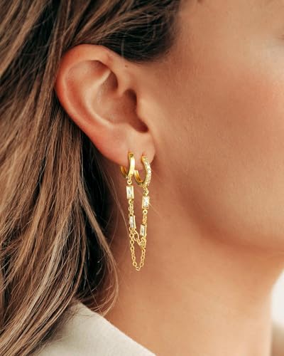 Tassel Chain Small Gold Hoop Dangle Earring For Women Huggie Earring Heart Star CZ 14K Gold Plated Fashion Jewelry Graduation Gift for Her Mothers Day Gifts for Mom - color: Double-Circle-Gold