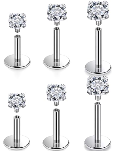 20G 18G 16G Titanium Flat Back Nose Rings Studs Hypoallergenic Lip Labret Monroe Medusa Internally threaded Tragus Cartilage Helix Earrings Studs Piercing Jewelry for Women Men 6mm 8mm 10mm - color: 18G -Flat Back With Screw on Tops+Clear CZ