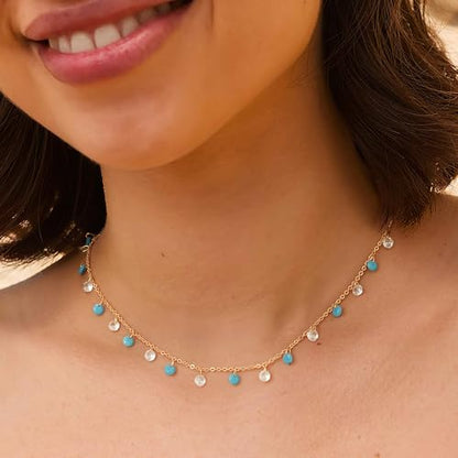 MTMY Gold Choker Necklace for Women, 14K Gold Plated Dainty Cubic Zirconia Cross Heart Shell Teardrop Charm Station Necklaces Trendy Summer Jewelry Gift - style: Turquoise CZ