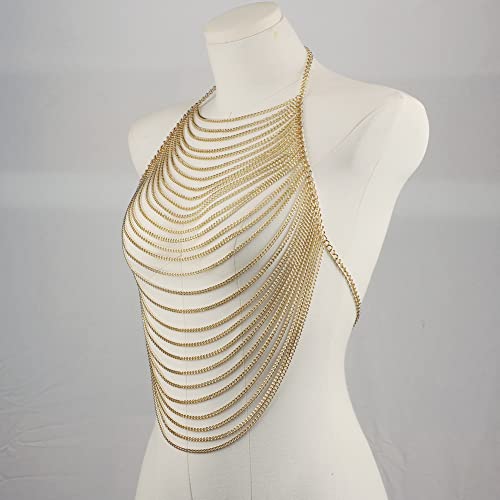 CHRAN Multi-Layer Body Chain Necklace, Gold Metal Chain Halter Top Jewelry, Sexy Chest Chain Accessory for Women - color: Golden