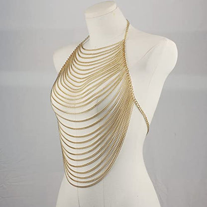 CHRAN Multi-Layer Body Chain Necklace, Gold Metal Chain Halter Top Jewelry, Sexy Chest Chain Accessory for Women - color: Golden