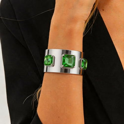 Punk Square Crystal Open Bracelet for Women Fashion Wide Cuff Bangle Bracelets Shiny Rhinestone Rectangle Charm Bangle Geometric Statement Jewelry Gifts - color: Green