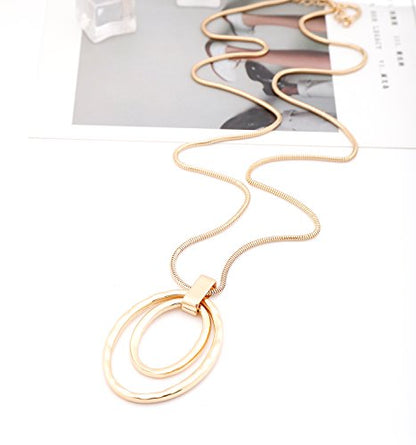 NVENF Long Sweater Chain Double Circle Pendant Necklace Bold Snake Chain Women Statement Necklace - color: B Gold-tone