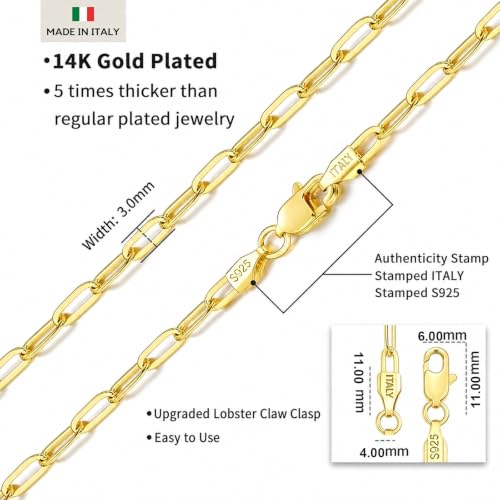 18k Gold Plated 925 Sterling Silver Chain Necklace for Women,3.0mm Thin Sturdy Paperclip Chain, Layering Necklace Tarnish Resistant Dainty Jewelry Gift 18/20/22/24/26 Inch - color: Gold, size: 26 Inch