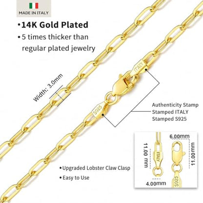 18k Gold Plated 925 Sterling Silver Chain Necklace for Women,3.0mm Thin Sturdy Paperclip Chain, Layering Necklace Tarnish Resistant Dainty Jewelry Gift 18/20/22/24/26 Inch - color: Gold, size: 24 Inch