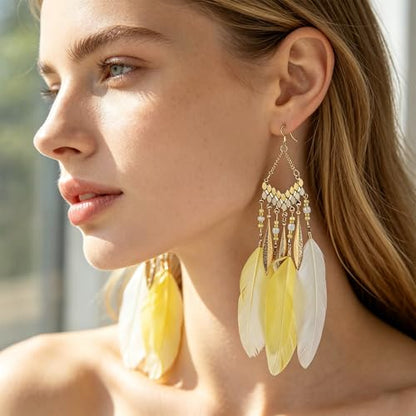 Faux Feather Fringe Tassel Long Dangle Earrings for Women | Bohemian Women Tassel Drop Jewelry - color: yellow