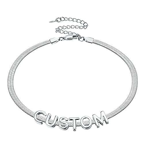 ChainsHouse Flat Snake Chain Herringbone Choker Necklace for Women, Stainless Steel/Rose Gold/18K Gold Plated Dainty Adjustable Simple Short Layered Necklaces, 12"/15"/18" with 3.5" Extender - color: c. stainless-5mm-custom